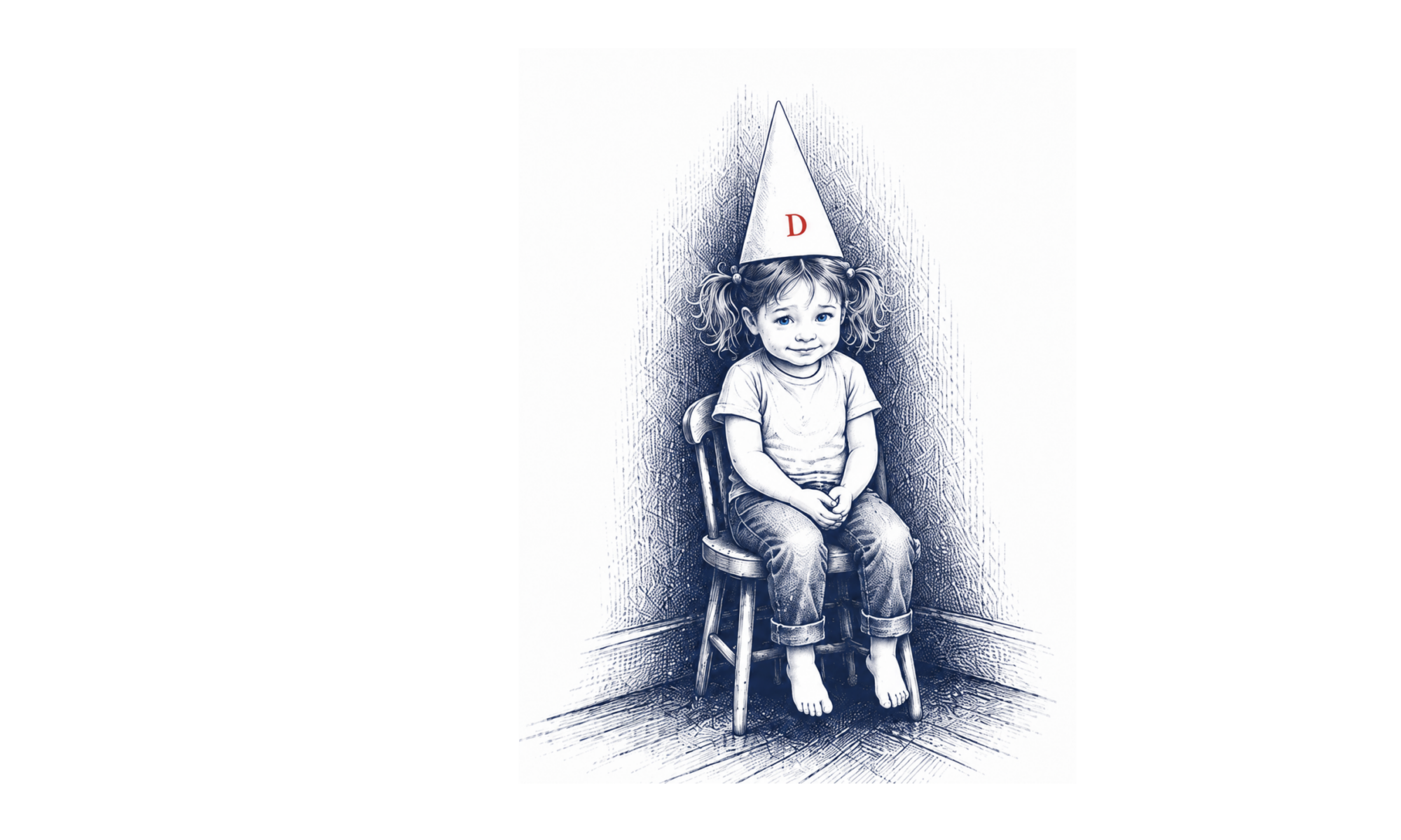 Little girl with a sheepish grin sitting in the corner with a dunce cap on